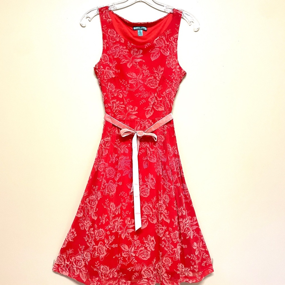Louie Lucie Red Floral A-Line Dress with Velvet Tie Belt